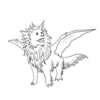 Bir ejderhanın siyah-beyaz renkli mürekkep çizimi.