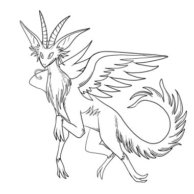 Bir ejderhanın siyah-beyaz renkli mürekkep çizimi.