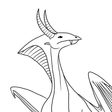 Bir ejderhanın siyah-beyaz renkli mürekkep çizimi.