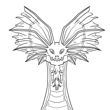 Bir ejderhanın siyah-beyaz renkli mürekkep çizimi.