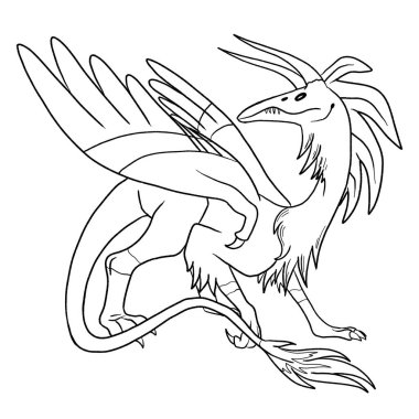 Bir ejderhanın siyah-beyaz renkli mürekkep çizimi.