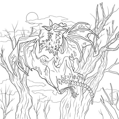 Bir ejderhanın siyah-beyaz renkli mürekkep çizimi.