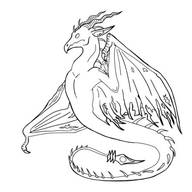 Bir ejderhanın siyah-beyaz renkli mürekkep çizimi.
