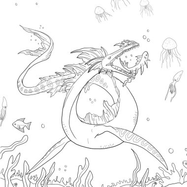 Bir ejderhanın siyah-beyaz renkli mürekkep çizimi.