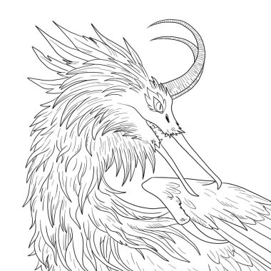 Bir ejderhanın siyah-beyaz renkli mürekkep çizimi.