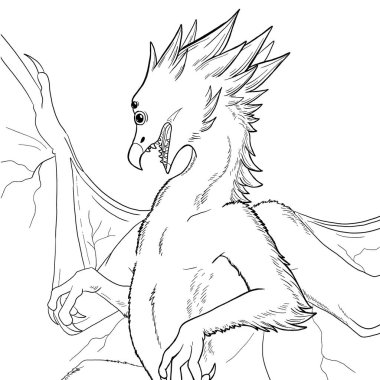 Bir ejderhanın siyah-beyaz renkli mürekkep çizimi.