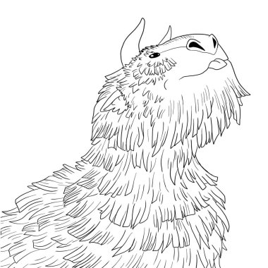 Bir ejderhanın siyah-beyaz renkli mürekkep çizimi.