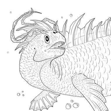 Bir ejderhanın siyah-beyaz renkli mürekkep çizimi.