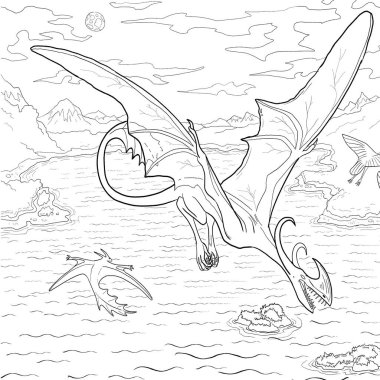 Bir ejderhanın siyah-beyaz renkli mürekkep çizimi.