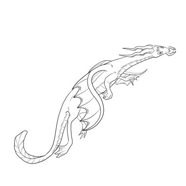 Bir ejderhanın siyah-beyaz renkli mürekkep çizimi.