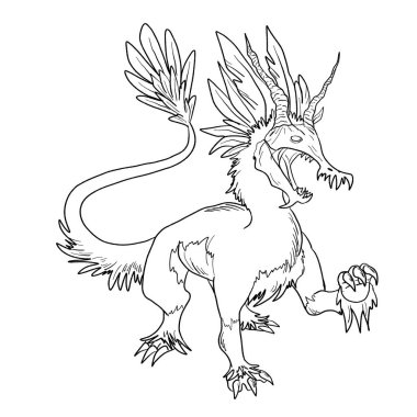 Bir ejderhanın siyah-beyaz renkli mürekkep çizimi.
