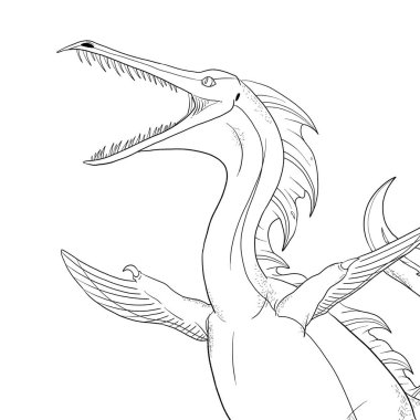 Bir ejderhanın siyah-beyaz renkli mürekkep çizimi.