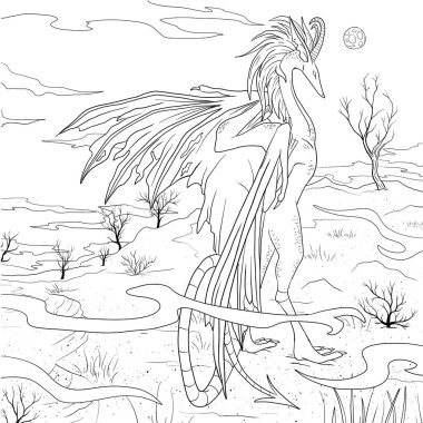 Bir ejderhanın siyah-beyaz renkli mürekkep çizimi.