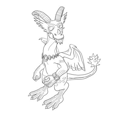 Bir ejderhanın siyah-beyaz renkli mürekkep çizimi.