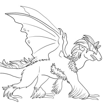 Bir ejderhanın siyah-beyaz renkli mürekkep çizimi.