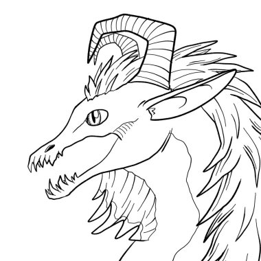 Bir ejderhanın siyah-beyaz renkli mürekkep çizimi.