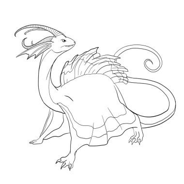 Bir ejderhanın siyah-beyaz renkli mürekkep çizimi.