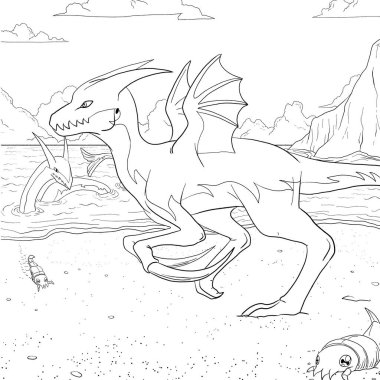 Bir ejderhanın siyah-beyaz renkli mürekkep çizimi.