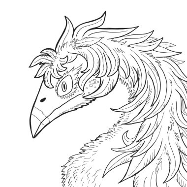 Bir ejderhanın siyah-beyaz renkli mürekkep çizimi.