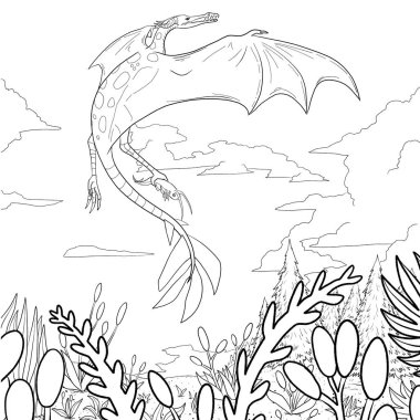 Bir ejderhanın siyah-beyaz renkli mürekkep çizimi.