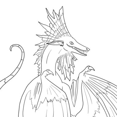 Bir ejderhanın siyah-beyaz renkli mürekkep çizimi.