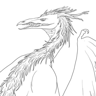 Bir ejderhanın siyah-beyaz renkli mürekkep çizimi.