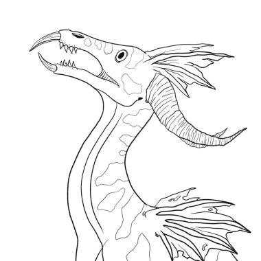 Bir ejderhanın siyah-beyaz renkli mürekkep çizimi.