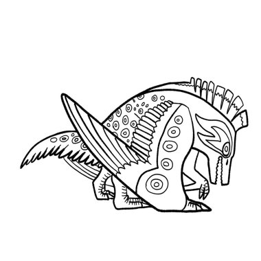 Bir ejderhanın siyah-beyaz renkli mürekkep çizimi.