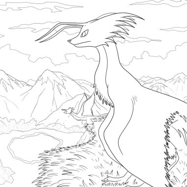 Bir ejderhanın siyah-beyaz renkli mürekkep çizimi.