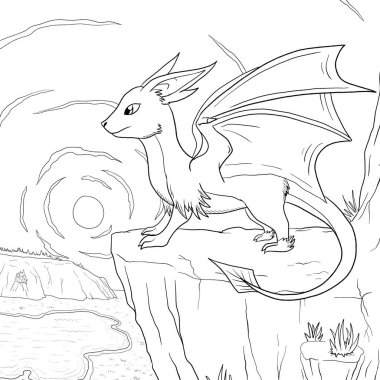 Bir ejderhanın siyah-beyaz renkli mürekkep çizimi.