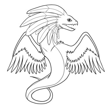 Bir ejderhanın siyah-beyaz renkli mürekkep çizimi.