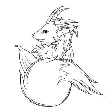 Bir ejderhanın siyah-beyaz renkli mürekkep çizimi.