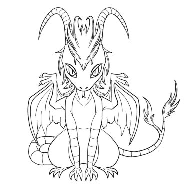 Bir ejderhanın siyah-beyaz renkli mürekkep çizimi.