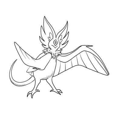 Bir ejderhanın siyah-beyaz renkli mürekkep çizimi.