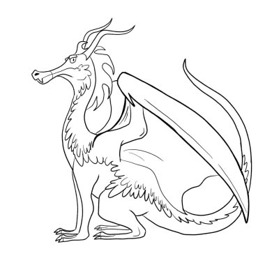 Bir ejderhanın siyah-beyaz renkli mürekkep çizimi.