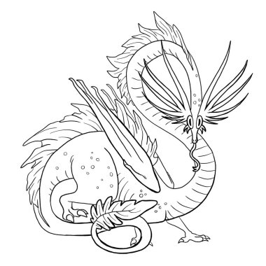 Bir ejderhanın siyah-beyaz renkli mürekkep çizimi.