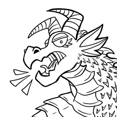 Bir ejderhanın siyah-beyaz renkli mürekkep çizimi.