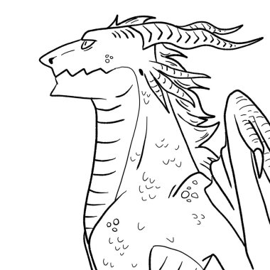 Bir ejderhanın siyah-beyaz renkli mürekkep çizimi.