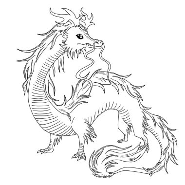 Bir ejderhanın siyah-beyaz renkli mürekkep çizimi.