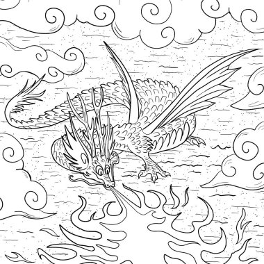 Bir ejderhanın siyah-beyaz renkli mürekkep çizimi.