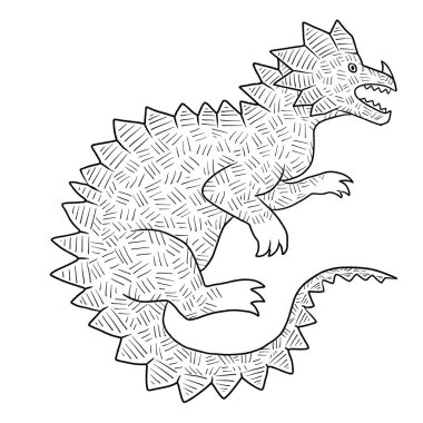 Bir ejderhanın siyah-beyaz renkli mürekkep çizimi.