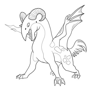 Bir ejderhanın siyah-beyaz renkli mürekkep çizimi.