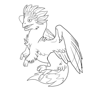 Bir ejderhanın siyah-beyaz renkli mürekkep çizimi.