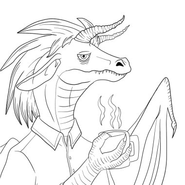 Bir ejderhanın siyah-beyaz renkli mürekkep çizimi.