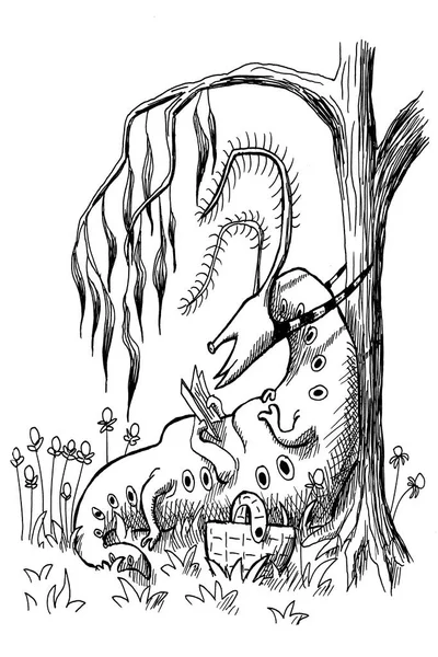 Yabancı bir yaratığın siyah beyaz mürekkep çizimi..