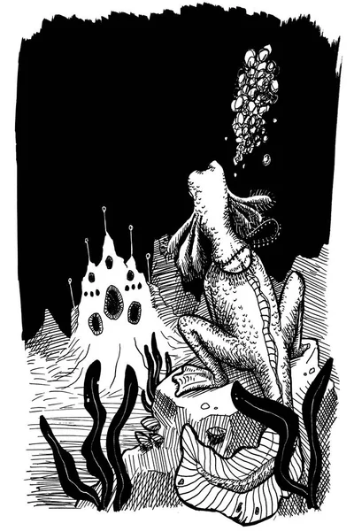 Yabancı bir yaratığın siyah beyaz mürekkep çizimi..