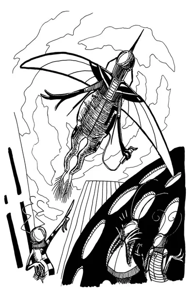 Yabancı bir yaratığın siyah beyaz mürekkep çizimi..