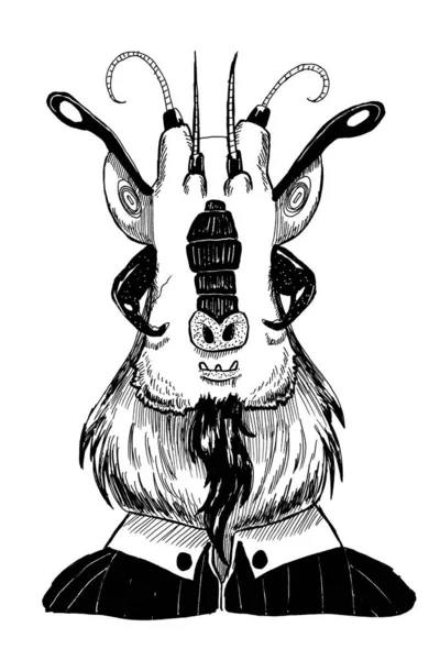 Yabancı bir yaratığın siyah beyaz mürekkep çizimi..