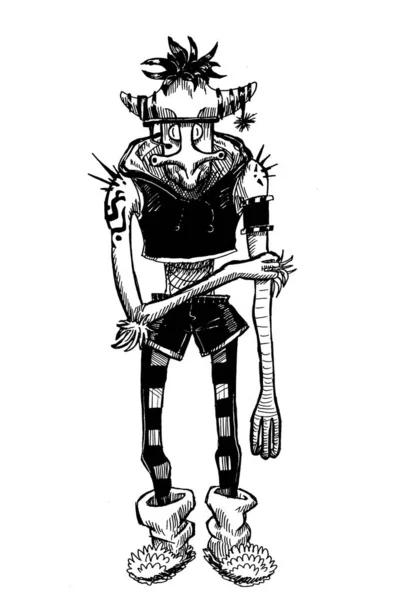 Yabancı bir yaratığın siyah beyaz mürekkep çizimi..