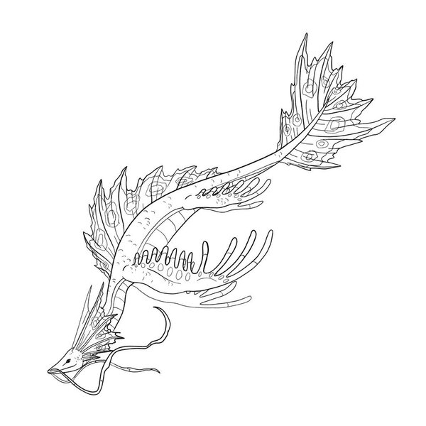 Black and white coloring page ink illustration of a dragon.